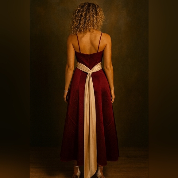 Elegant Strapless Burgundy Dress. Long Cream Sash. Crinoline Underneath. Size 4. - Picture 3 of 9